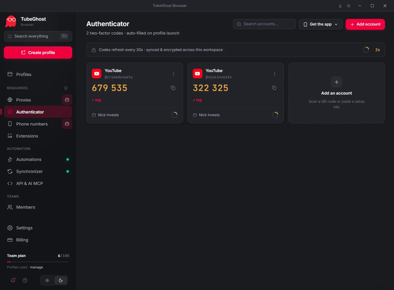 The Authenticator page in TubeGhost: two YouTube accounts with live six-digit codes, a refresh countdown, and an Add account tile.