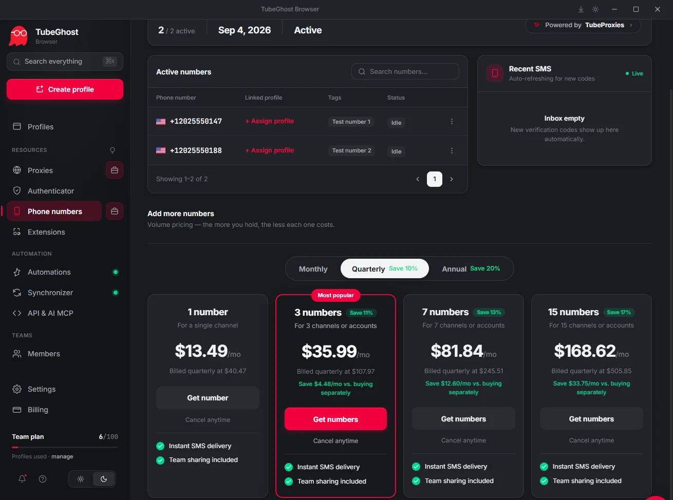 The Phone numbers page in TubeGhost: active US numbers with linked profiles and tags, a live inbound SMS panel, and the bundle pricing below.